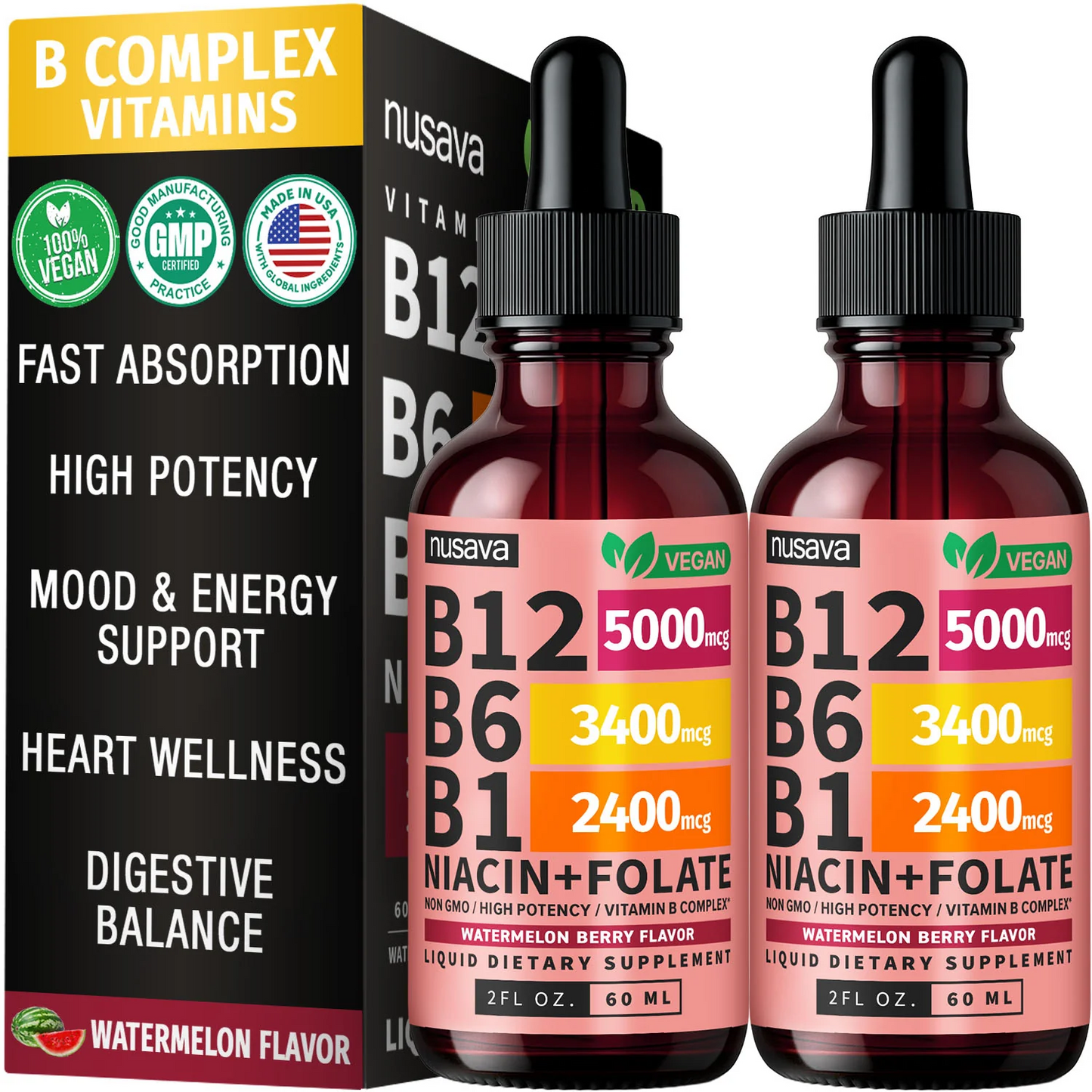Vitamin B12 & B6 Liquid Drops – High-Potency Sublingual B-Complex with Methylcobalamin (2 Pack
