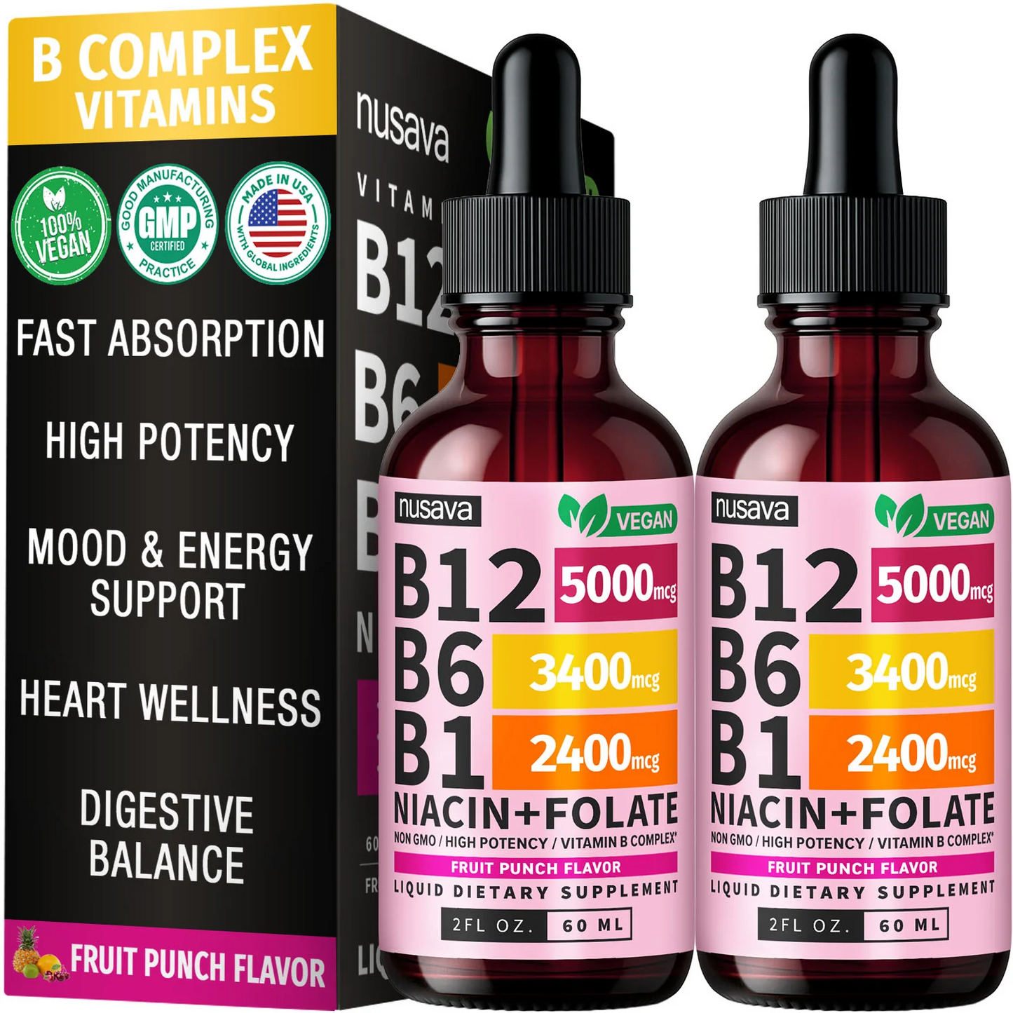 Vitamin B12 & B6 Liquid Drops – High-Potency Sublingual B-Complex with Methylcobalamin (2 Pack